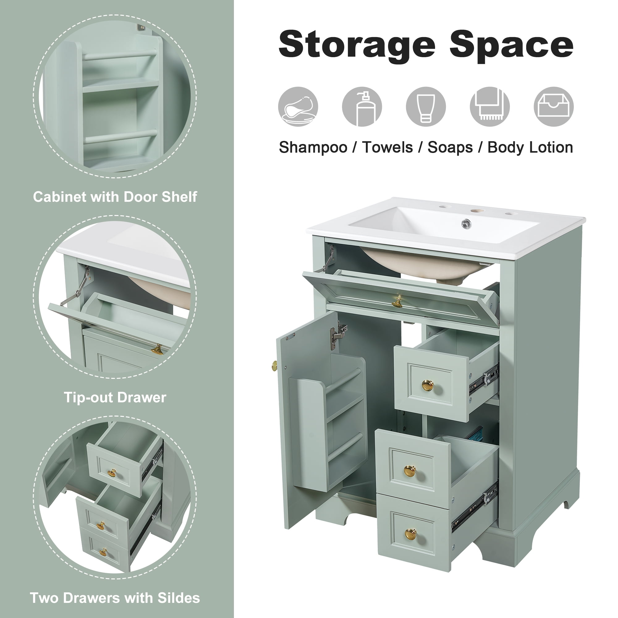 24 Inch Bathroom Vanity with Sink, Green Bathroom Vanity with 3 Drawers & Cabinet, Soft Close Door with Storage Rack, Modern Vanity for Small Bathroom, Freestanding Design