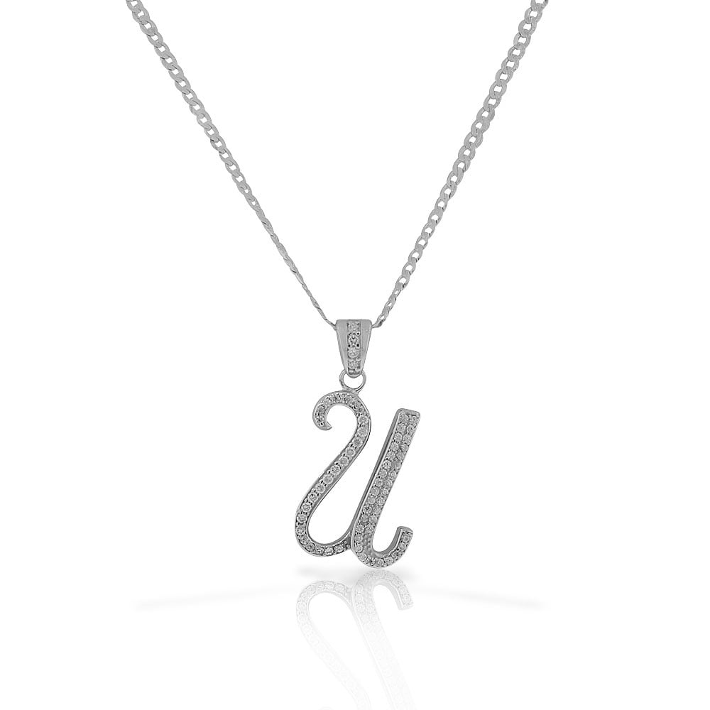 925 Sterling Silver CZ Letter Initial "U" Pendant Necklace U