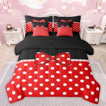 jejeloiu Chic Dots Bowknot 7 Pieces Bedding Comforter Set,Cute Cartoon Bowtie Full Bedding Set,Red White Black Fitted Sheet Flat Sheet For Kids,Breathable Home Decor Reversible