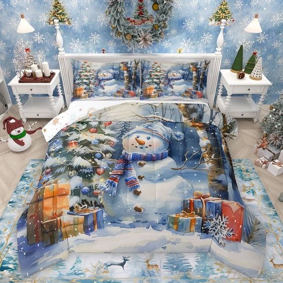 Homewish Kawaii Xmas Snowman Bedding Comforter Set 2pcs for Kids Children Teens,Happy New Year Twin Comforter Sets Microfiber,Merry Christmas Breathable Bedding Set,Lightweight Room Decor,Reversible