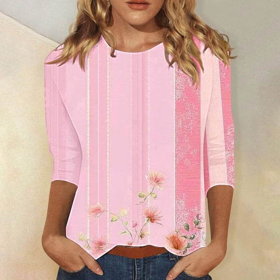 SOOMLON 3/4 Length Sleeve Womens Tops Plus Size Tunic Cotton Tops Casual Crew Neck Shirts Funny Flowers Graphic T Shirts 2025 Trendy Spring Summer Ladies Tops Loose Fit Outfits Pullover Pink XL