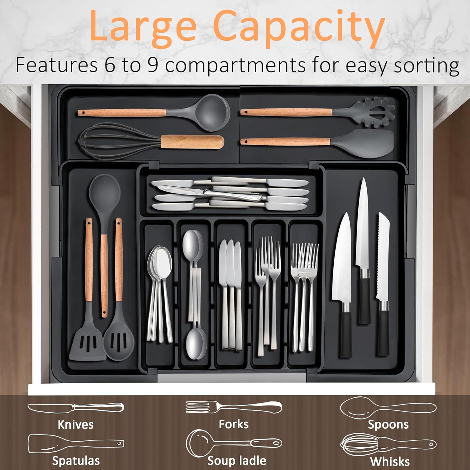 Silverware Organizer Expandable Kitchen Utensil Drawer Organizer Lar BPA Free Adjustable Cutlery Silverware Tray for Spoons Forks Knives Stora Divider for Kitchen Flatware 6-9 Slots