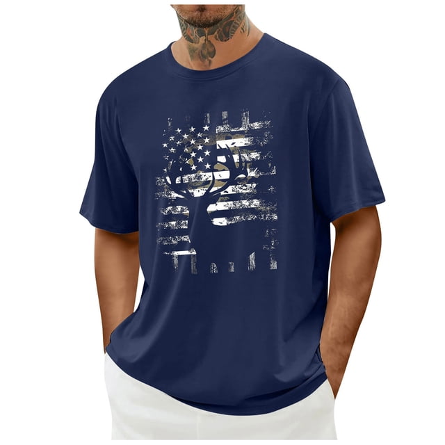 yoeyez Chemise Habillée pour Homme, T-Shirt à Manches Courtes pour Homme Imprimé du 4 Juillet Col Rond T-Shirt Décontracté Graphique Gym Entraînement T-Shirt Drapeau Américain Bleu, 2TG