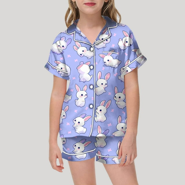 Easter Toddler Girls Satin Pajamas Set Easter Bunny Print Button up Short Sleeve Pajamas Set Girl Pjs Size