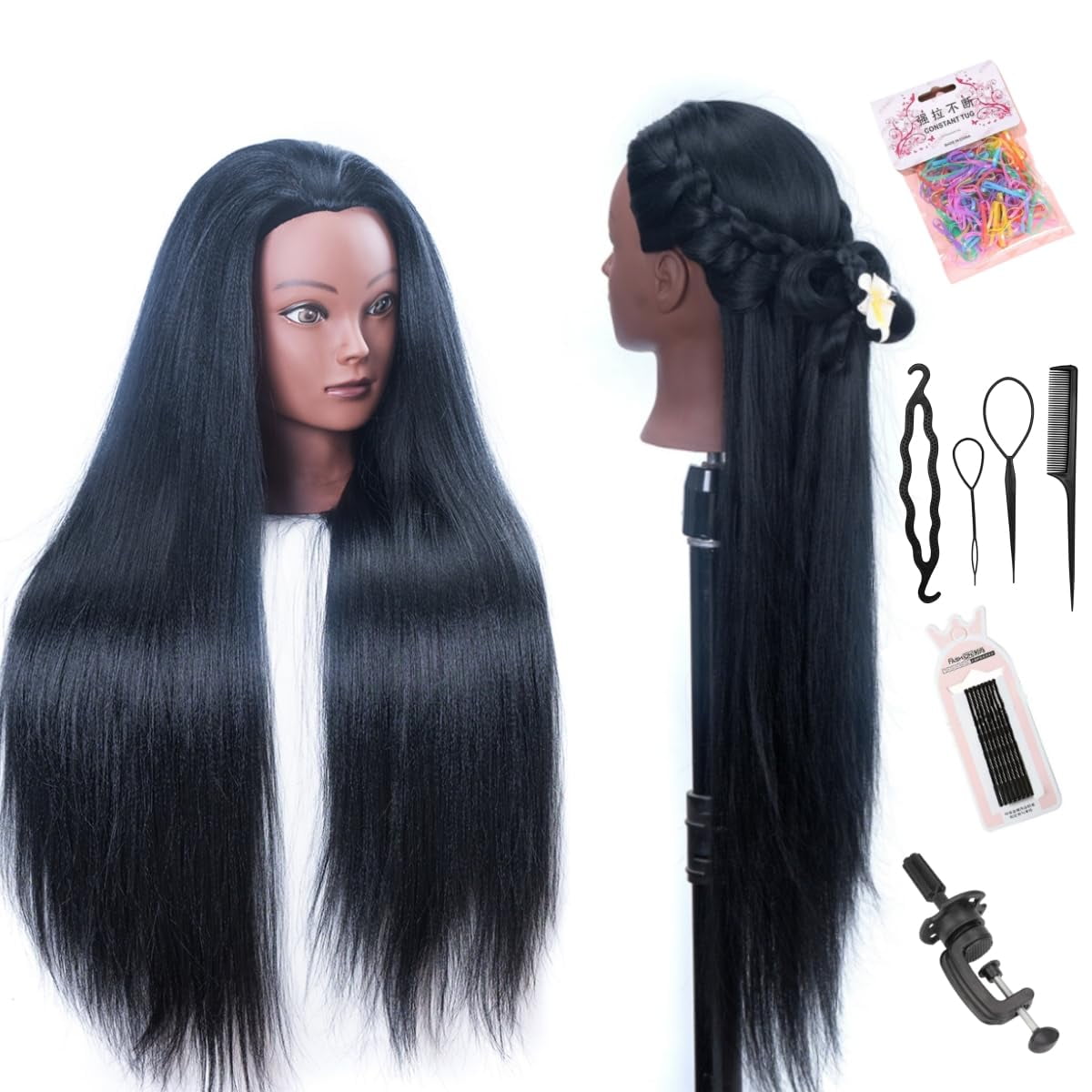 YK 26" Multicolored Synthetic Fiber Hair Mannequin Head with Clamp Stand - Cosmetology Doll Head