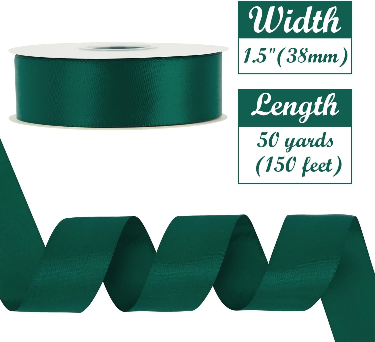 1-1/2 inch Hunter Green Ribbon Double-Faced Satin Ribbon 50 Yards Dark Green Ribbon for Crafts, Gift Wrapping, Flower Bouquet Wrap, Invitations, Holiday Decor, Bows Making