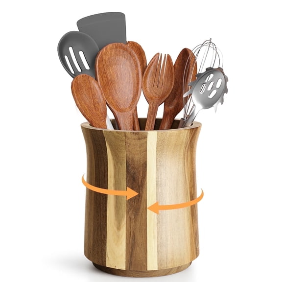 LIZEVINC Wooden Utensil Holder, 360° Rotating Kitchen Utensil Holder, 7.3'' Extra Large Utensil Crock, Farmhouse Kitchens Countertop Decor