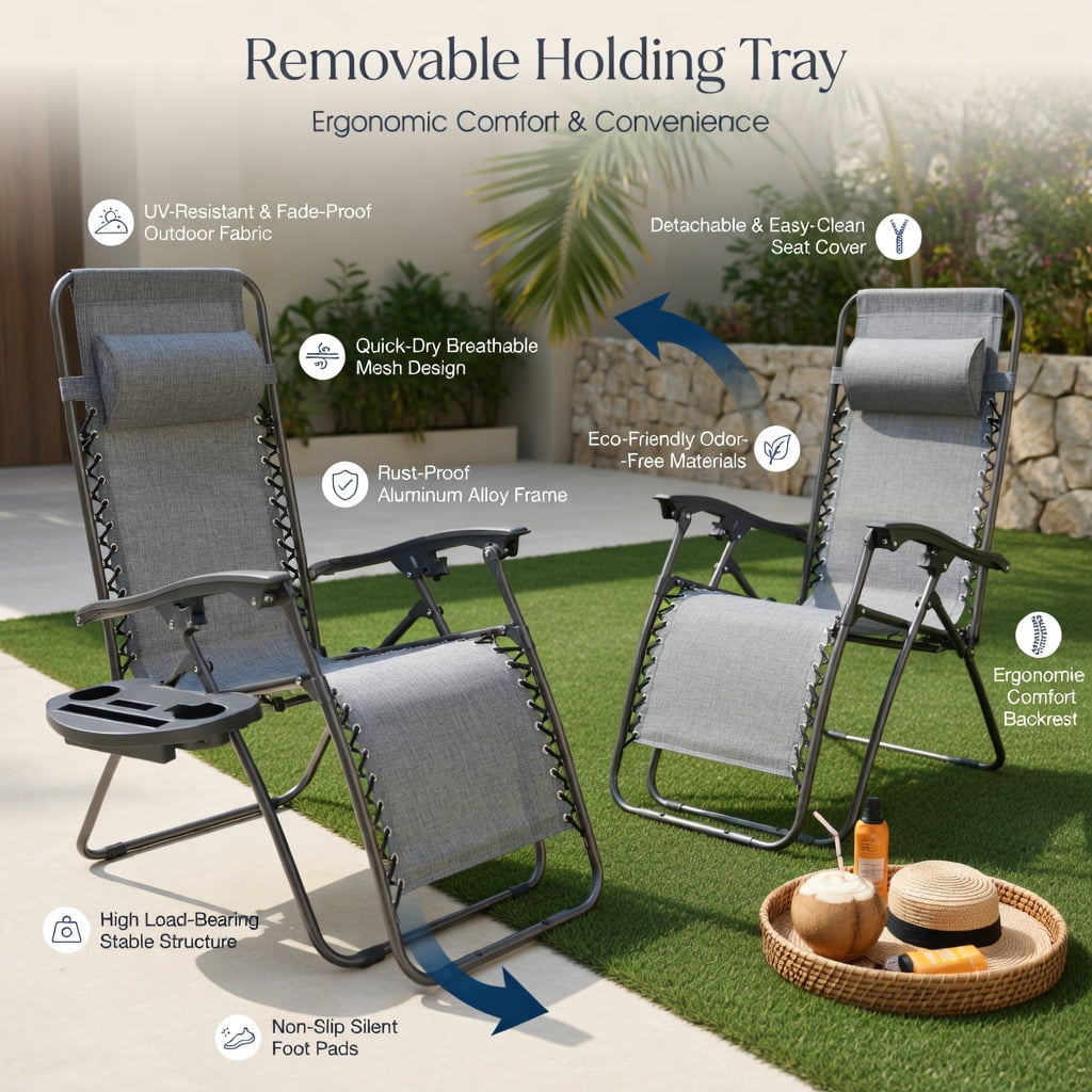 Hommoo 2-Pack Zero Gravity Folding Lounge Chairs with Adjustable Headrest & Removable Tray, Breathable Waterproof Fabric, Dark Red