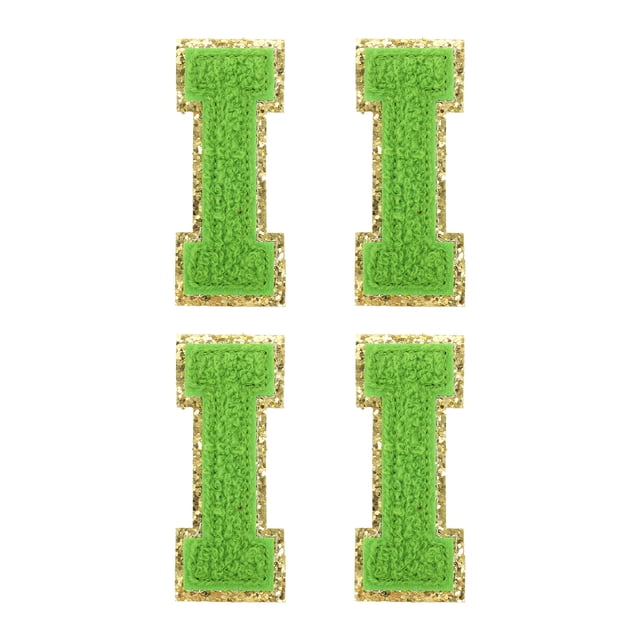 4uds Chenille Letra Parches Termoadhesivos Letra Parches Verde I Alfabeto Decorativo Reparación Bordados Parches para Ropa, Zapatos, Sombreros, Mochilas
