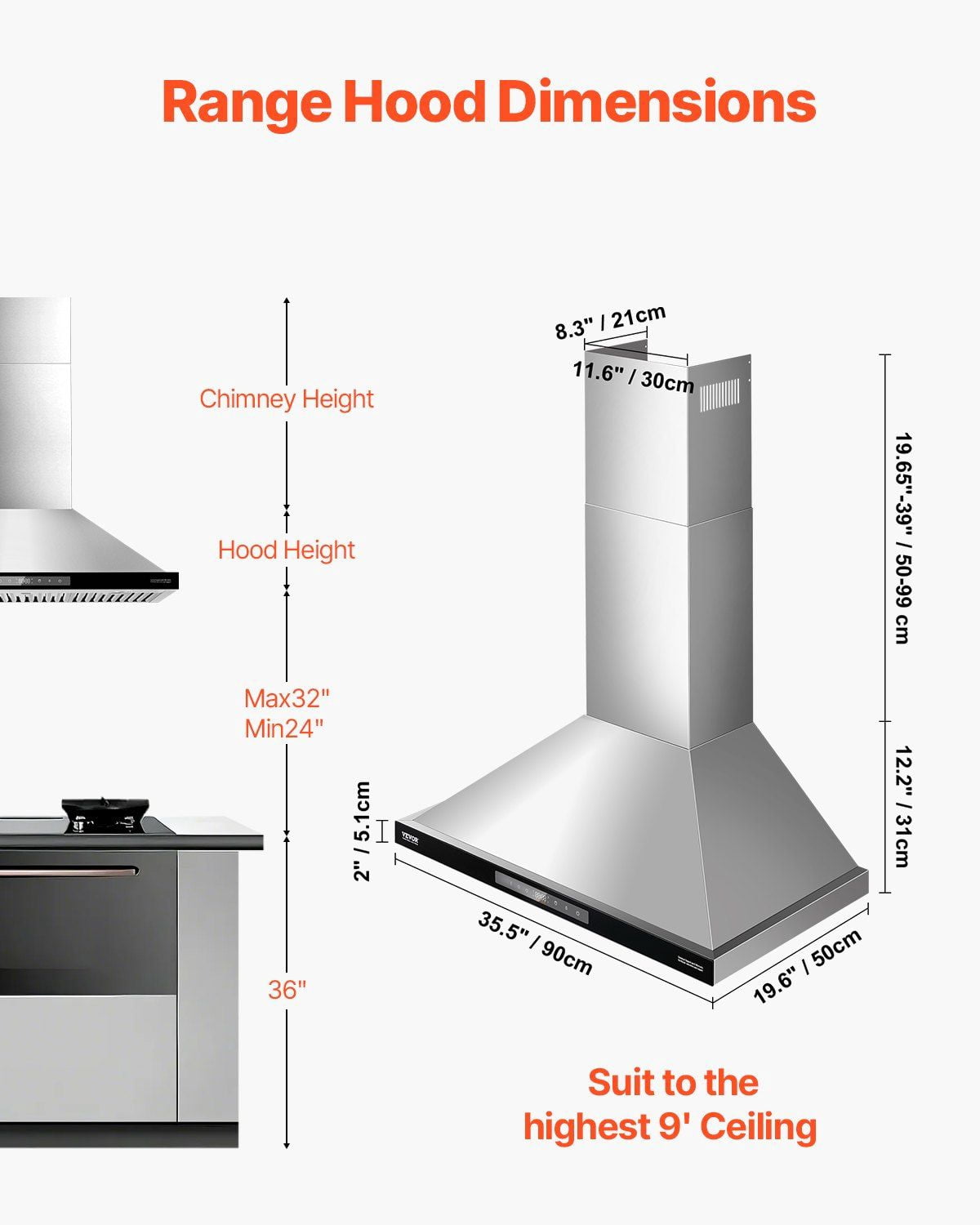 36" Wall Mount Range Hood Ceiling Mount Vent 800CFM Gesture & Touch Control