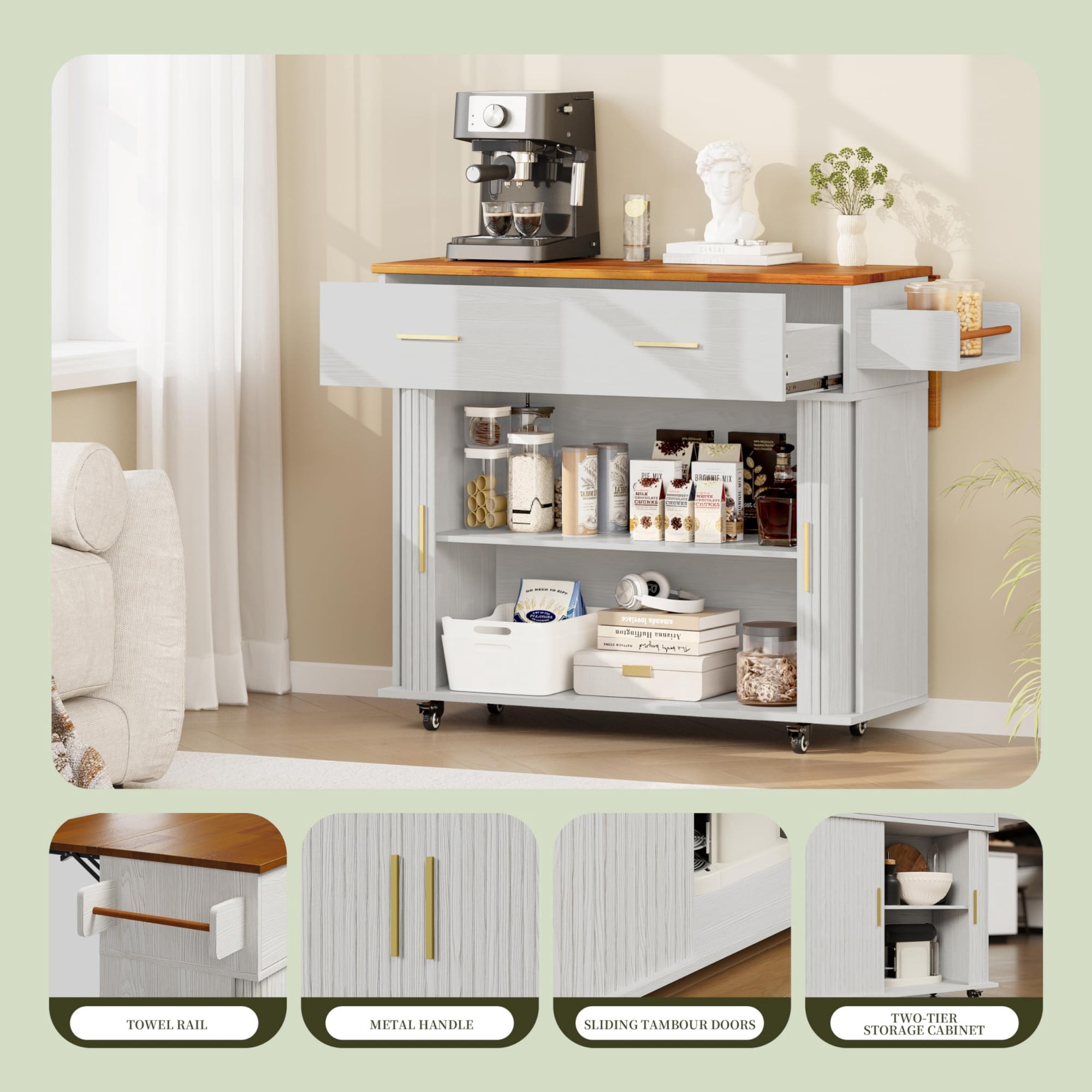 Rolling Kitchen Island Cart with Drop Leaf, Mobile Kitchen Cart on Wheels with Sliding Door, Drawer & Storage Rack, White