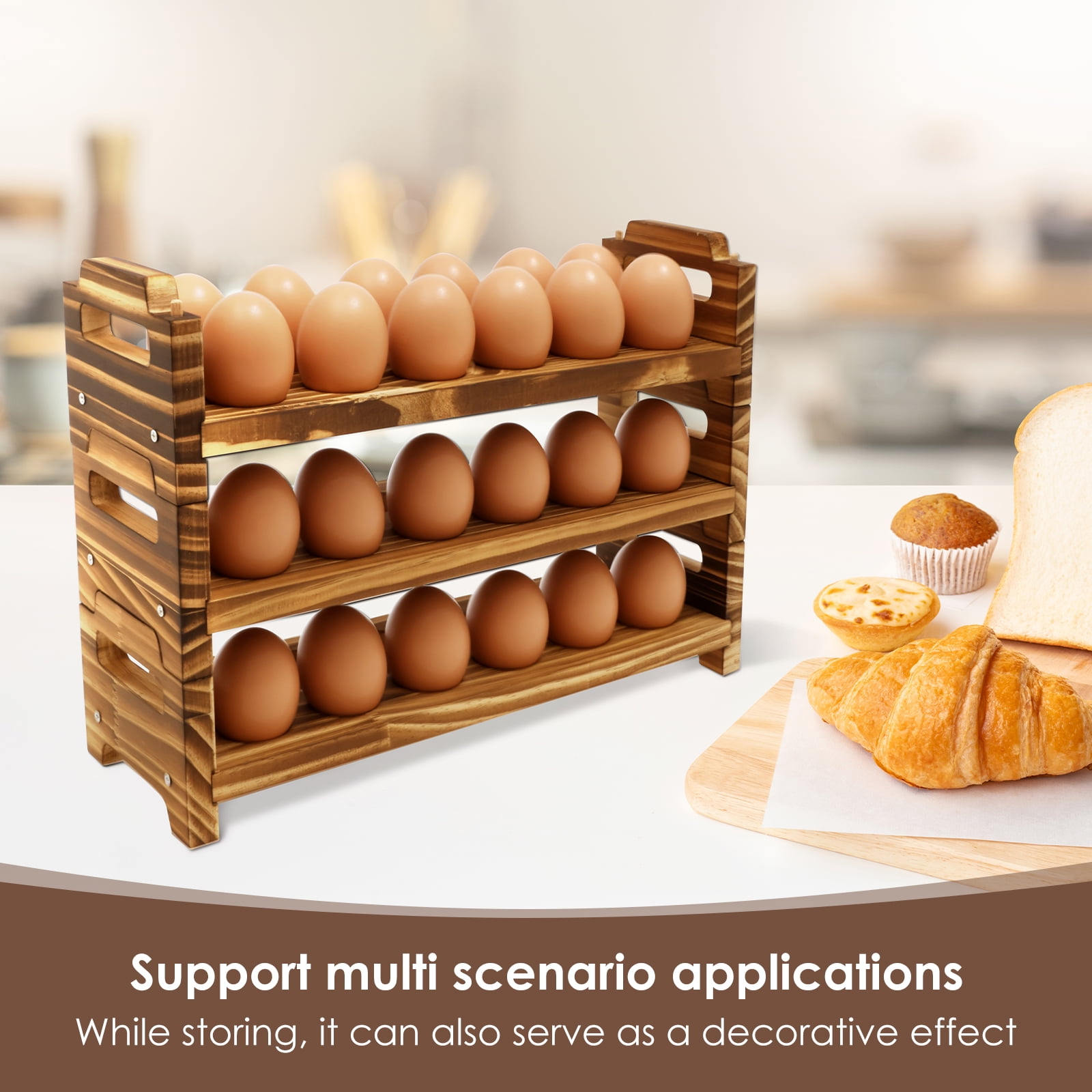 Tcwhniev Wooden Egg Holder 3 Tier Solid Stackable Eggs Collecting Rack Holding Up to 36 Fresh Egg for Kitchen Countertop Cabinet Fridge
