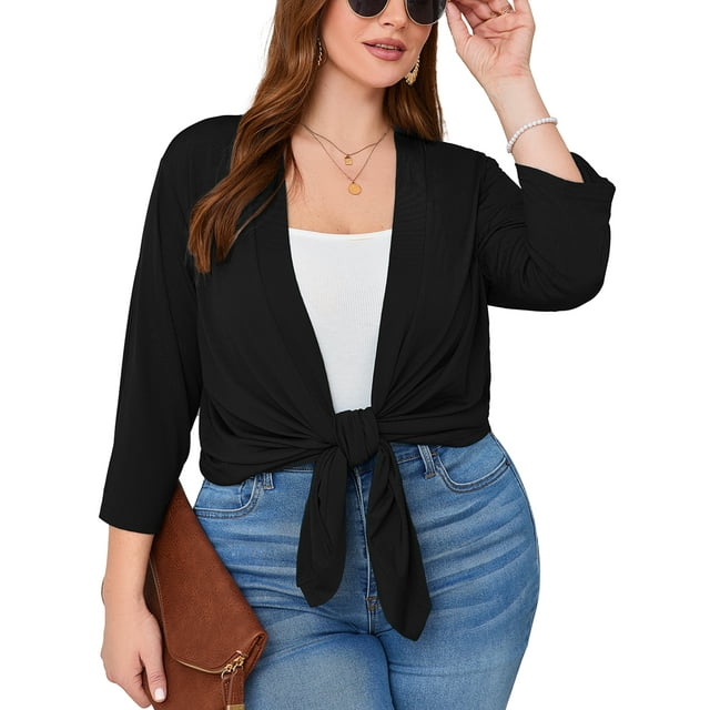 SHOWMALL Cardigans pour Femmes Grande Taille Légers à devant Ouvert Cardigans Manches 3/4 Noir 3X Décontracté Doux Drapé Automne Été Court