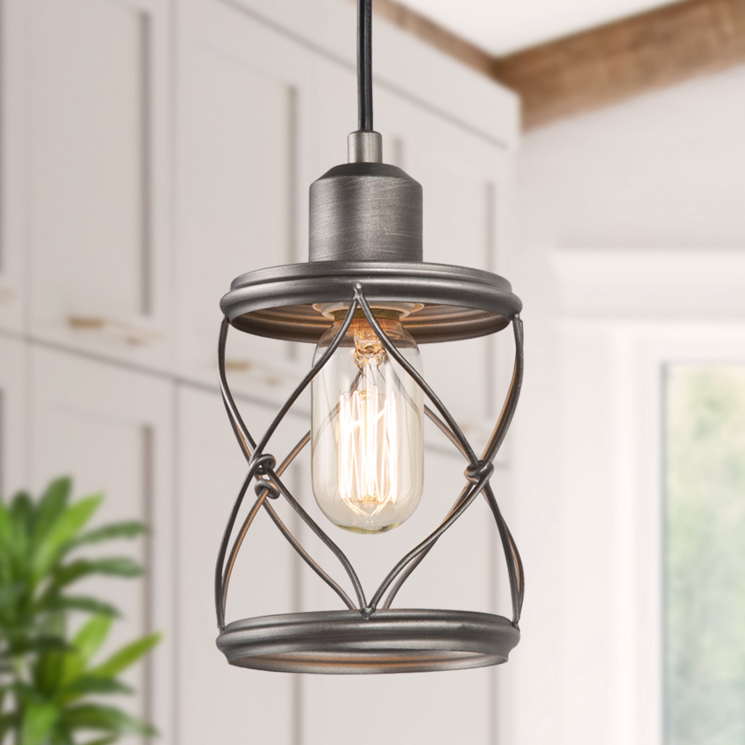 LNC Farmhouse Mini Pendant Light with Brushed Silver Cage for Kitchen Island or Foyer