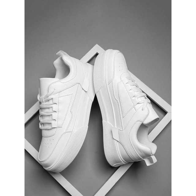 Men's Solid Color Grey Lace-up Front Sports Skate Shoes, Minimalist Style Round Toe Thick Bottom Height Increasing Athletic Shoes
