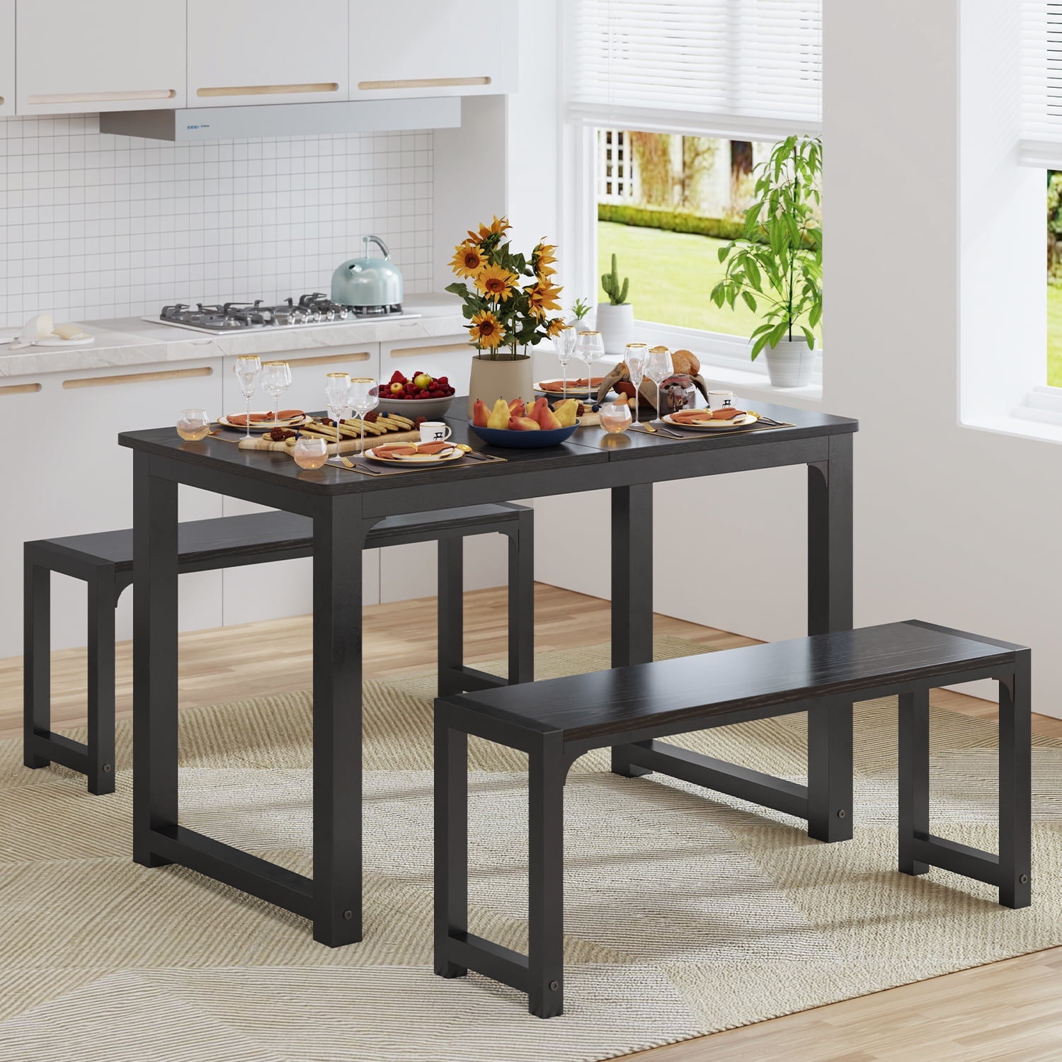 Extendable Dining Table Set for 4 People with 2 Benches,47" to 63" Kitchen Table for Living Room, Black