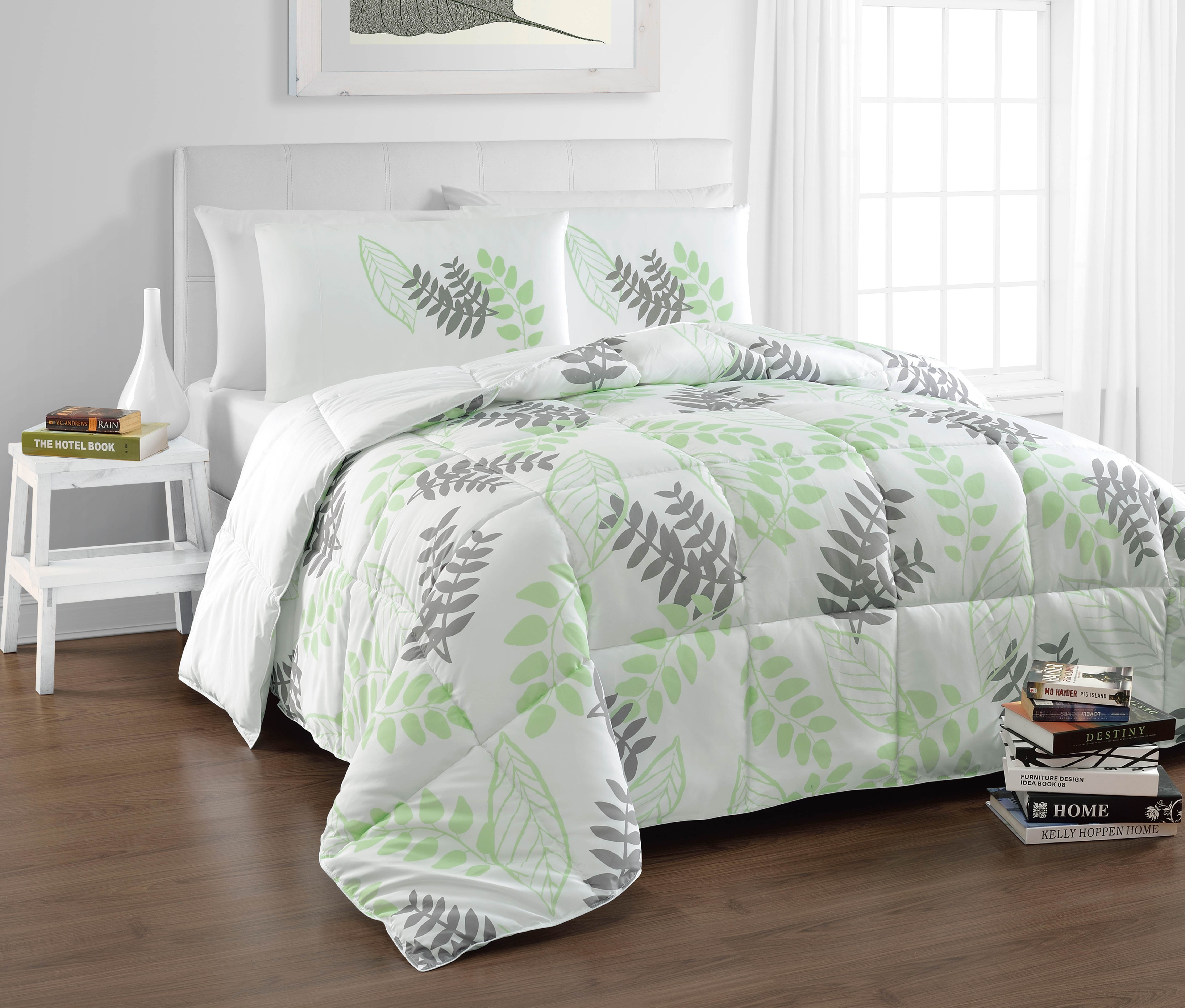 Tropical 3pc Reversible Comforter Set King Size Bed Down Alternative Leaf Print Grey White Mint Green Bedding Set Walmart Com Walmart Com
