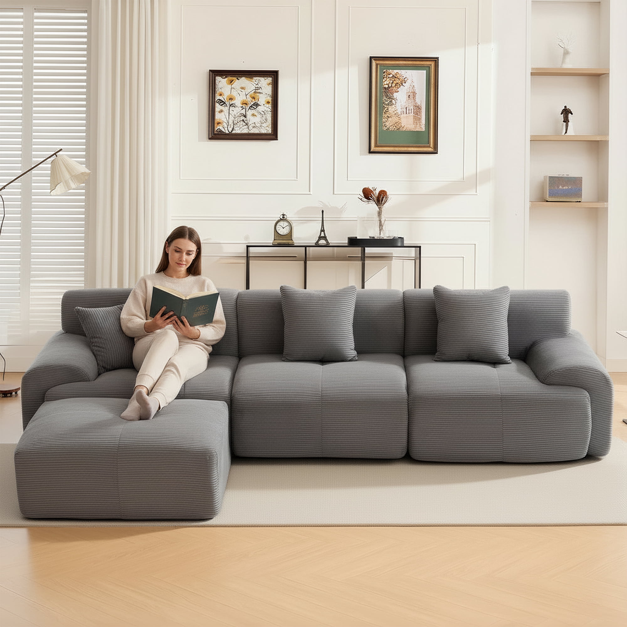 GAOHAPY 120"Modern L Shaped Modular Sectional Sofa,Oversized Corduroy Couch Deep Seat, Boneless Cloud Couch with Ottoman, 30D Sponge for Indoor Living Room, No Assembly Required(Dark Grey)