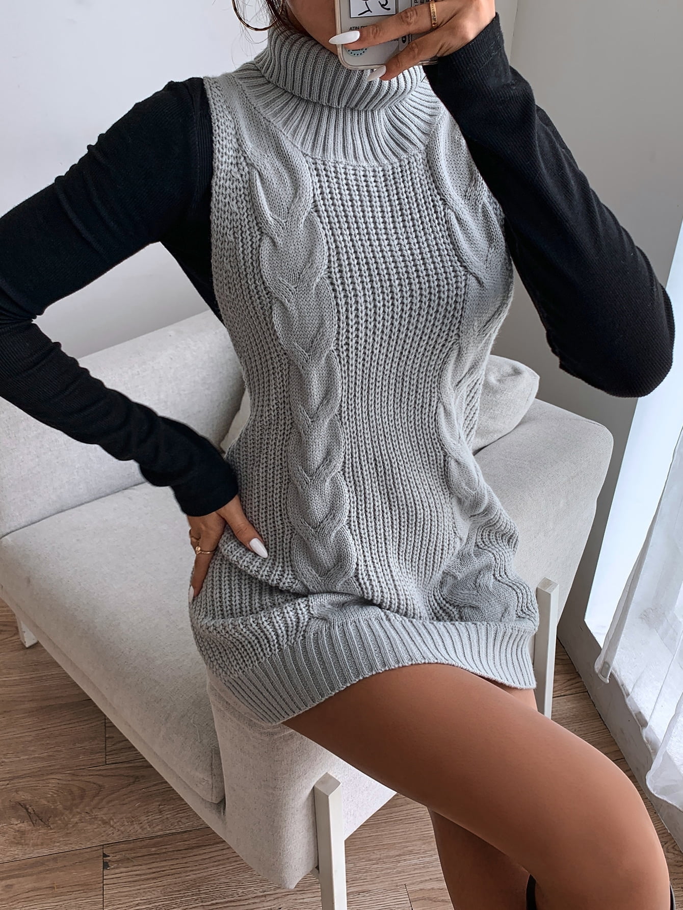 Grey Turtleneck Cable Knit Sleeveless 