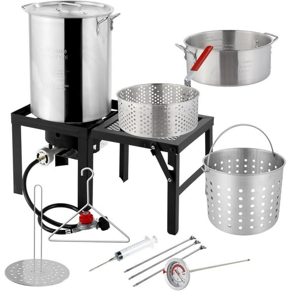 30QT Turkey Fryer & 10QT Fish Fryer with 55000BTU Propane Burner, Outdoor Deep Fryer & Seafood Crawfish Boiler Steamer Pot with Thermometer, Marinade Injector, Turkey Rack & Rack Lifter