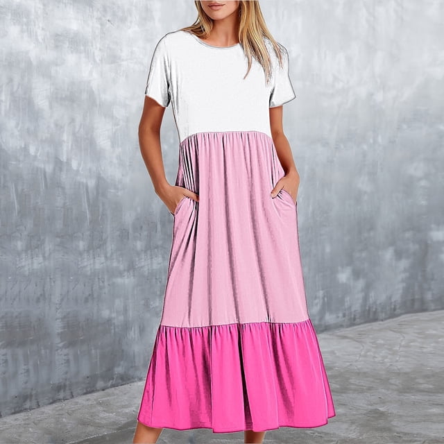 Fankiway Robe Longue Ample à Manches Courtes avec Poche et Col Rond Imprimé pour Femmes Rondes Robes de Printemps pour Femmes 2681