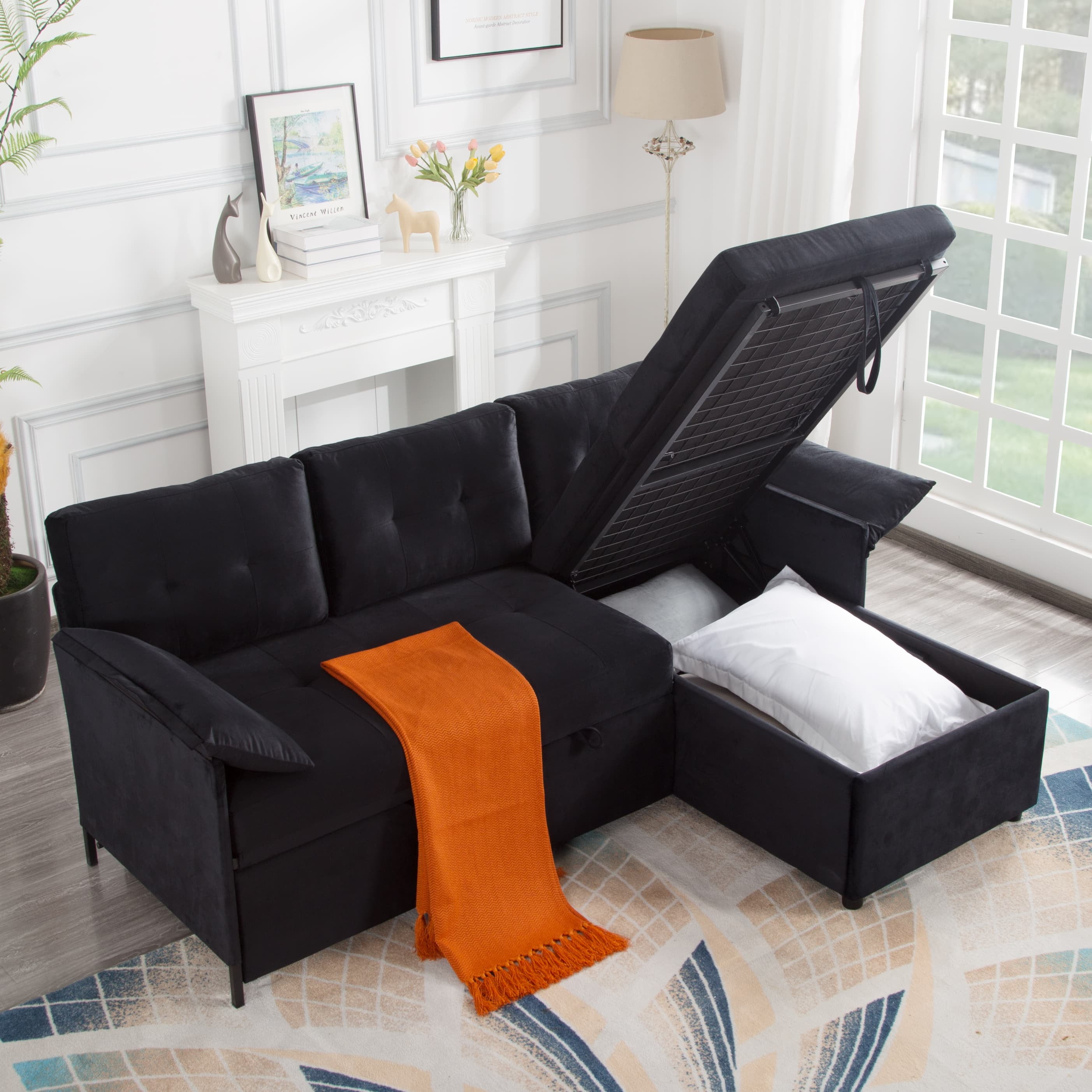 BSHTI 77.6" Reversible Sectional Sleeper Sofa Bed with Storage, 2-in-1 L-Shaped Convertible Pull Out Bed, Velvet Fabric, Modern Living Room Furniture Matte Black