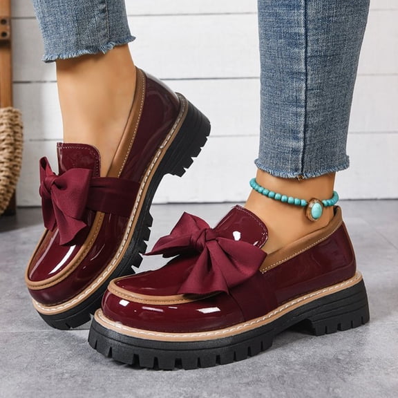 Willtoo Women's Bowknot Thick Sole Loafers, Work Office Business Casual Spring & Fall Casual Patent Leather Dress Shoes, Cushioned Platform Chunky Heel Lug Sole for Daily Wear