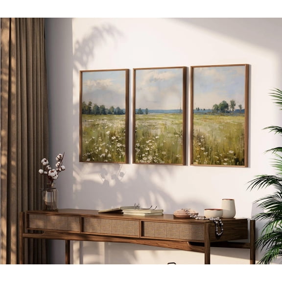 UNFFRAMED Country 3 Pieces Vintage Wall Art, Wildflower Field Set Of 3 Posters, Landscape Poster, Scenery Farmhouse Posters, Set 3 Prints 8x12