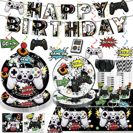 Yingoto 161 Pcs CORNET Video Game Birthday Decorations Set, Gaming party supplies with 300gsm Cardstock Paper Plates, Perfect for 25 Guests, Ideal for Gamer Theme Boys Birthday Celebration