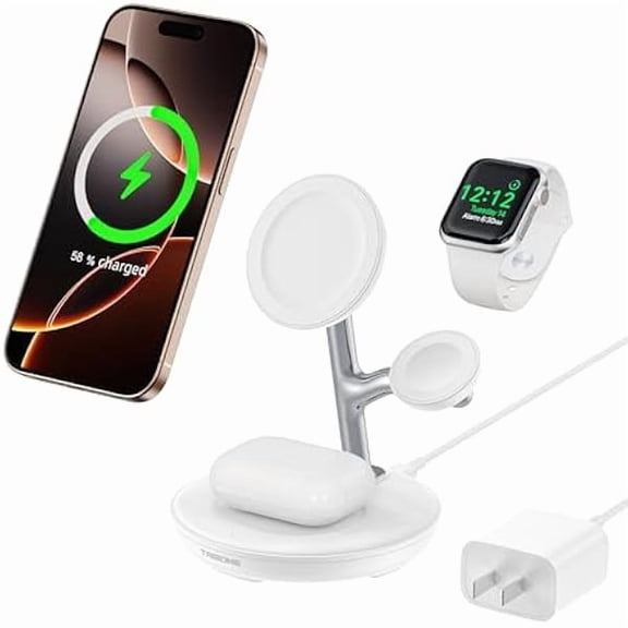 Saluqifa 3 in 1 Magnetic Wireless Charger Stand for Apple Devices, Fast Charging Station for iPhone 16/15/14/13/12 Series, Apple Watch, Airpods (White)