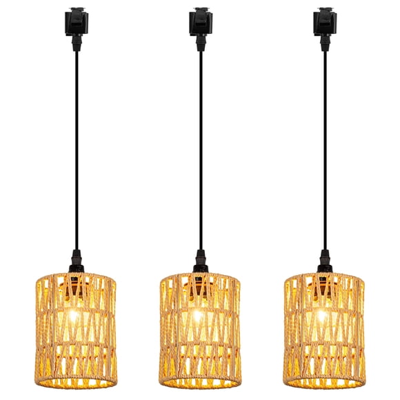 FSLiving Dimmable Juno Track Lighting Pendants, 3.2 Ft, J-Type Track Mounted E12 Socket Twine Natural Bohemian Hollow-carved Designed Rattan Cover 3 Lights for Bar Kitchen Ceiling Customizable