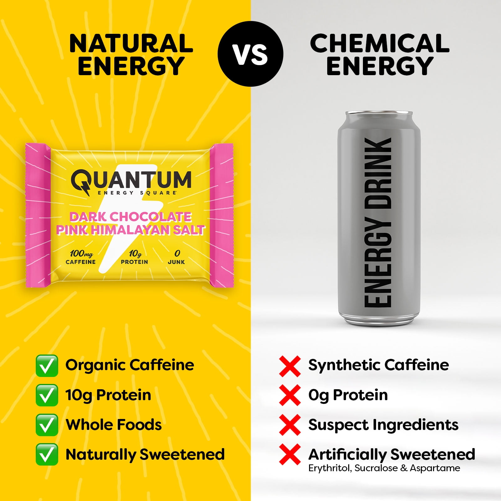 Quantum Energy Square: Energy Bar with Caffeine & 10g Protein. Delicious Healthy Snack On The Go. (Vegan, Gluten-free, Soy-free, Dairy-free). Flavor: Dark Chocolate Pink Himalayan Salt 8Pk