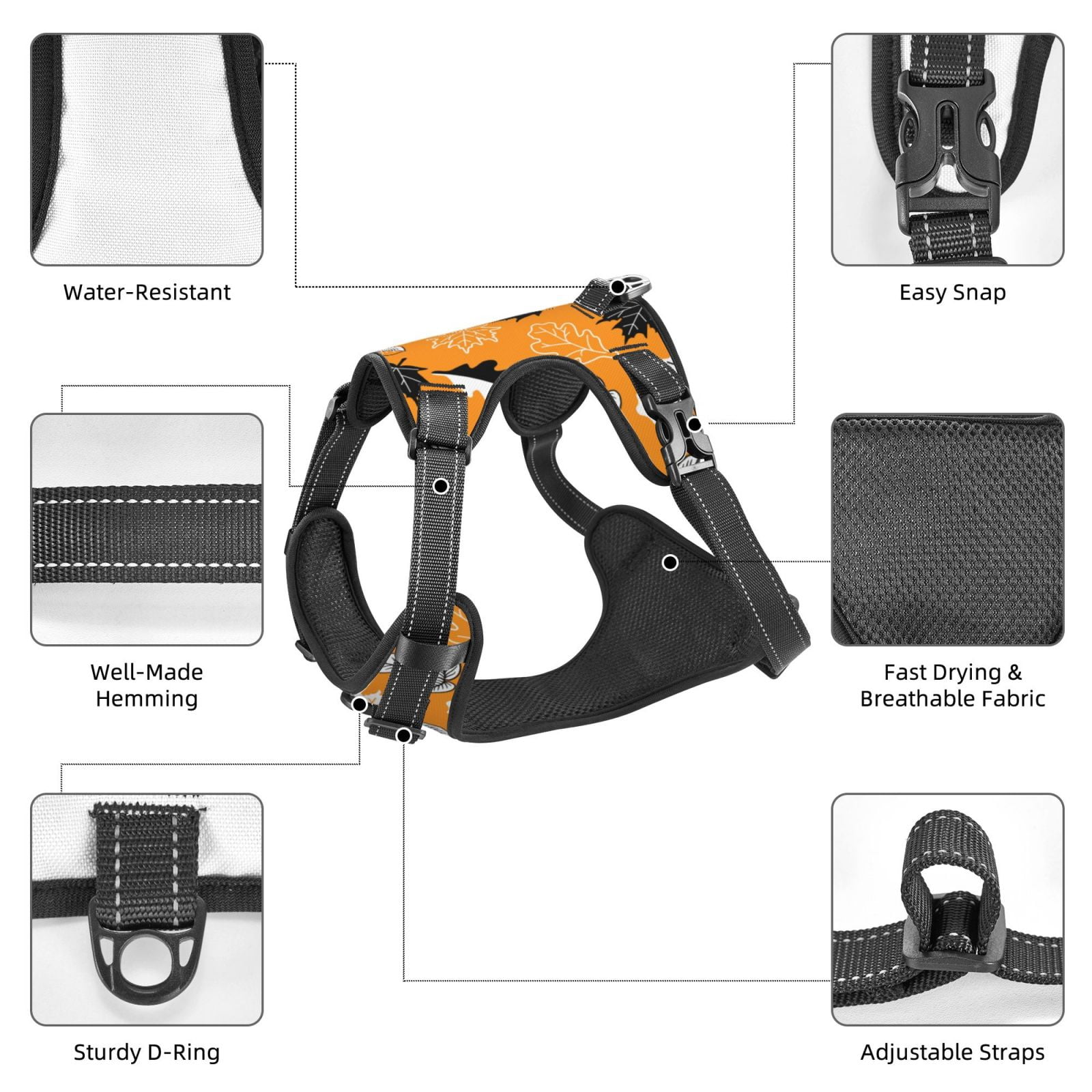 Vsdgher Bold Black and White Leaves Orange Dog Harness, No-Pull Pet Harness, Dog Vest, Pet Vest for Small to Large Dogs-