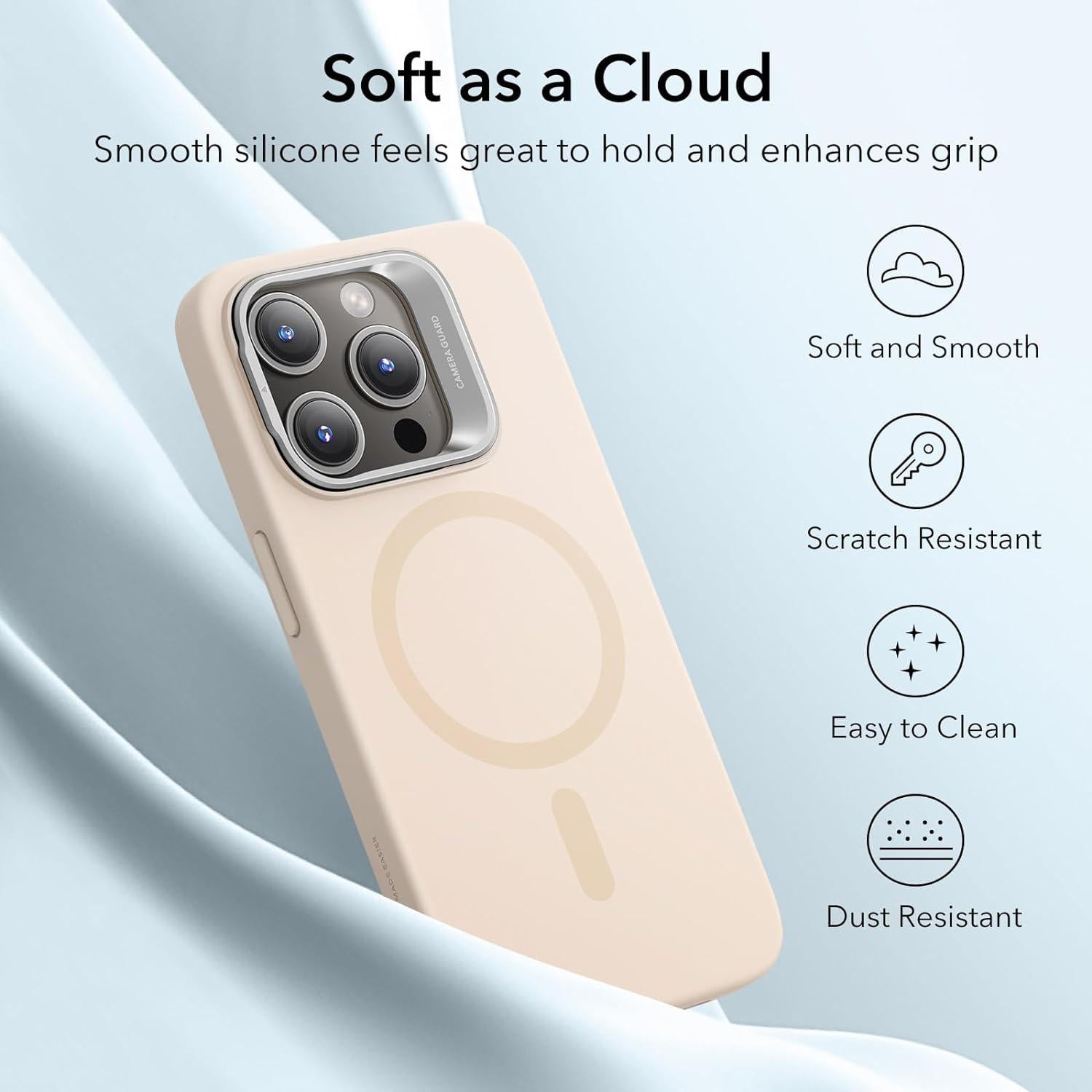 ESR iPhone 15 Pro Case, MagSafe Silicone Case with Stand, Military-Grade Protection, Built-in Camera Stash Stand, Light Tan