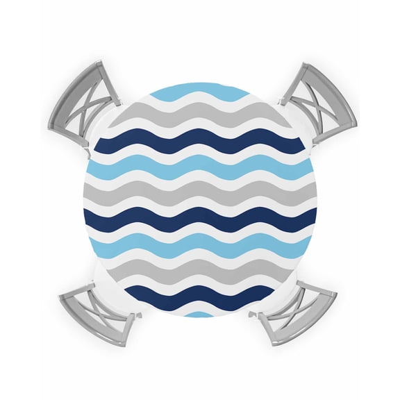 nqOlkjepod Navy Blue Grey Round Tablecloth, Fitted Table Cover with Elastic for 55"-60" Round Tables, Abstract Geometric Ocean Wave Stripe Table Cloth Outdoor Dinning Party Waterproof Tablecloths
