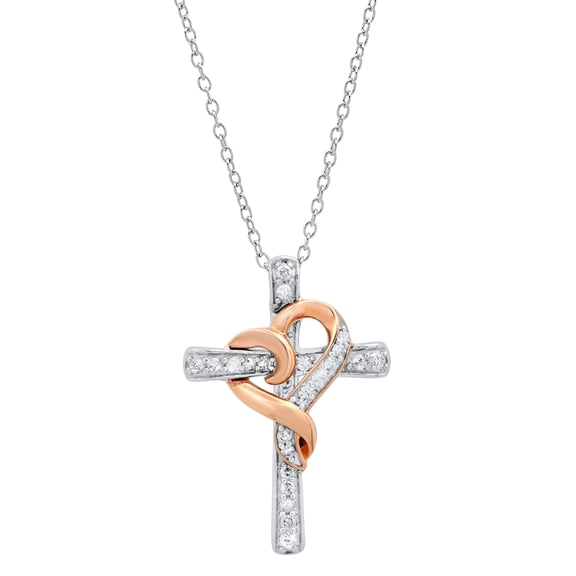 Dazzlingrock Collection Round White Diamond Fashion Heart Cross Pendant for Women with 18 Inch Silver Chain (0.25 ctw, Color I-J, Clarity I2-I3) in Rose Gold Plated 10K White Gold
