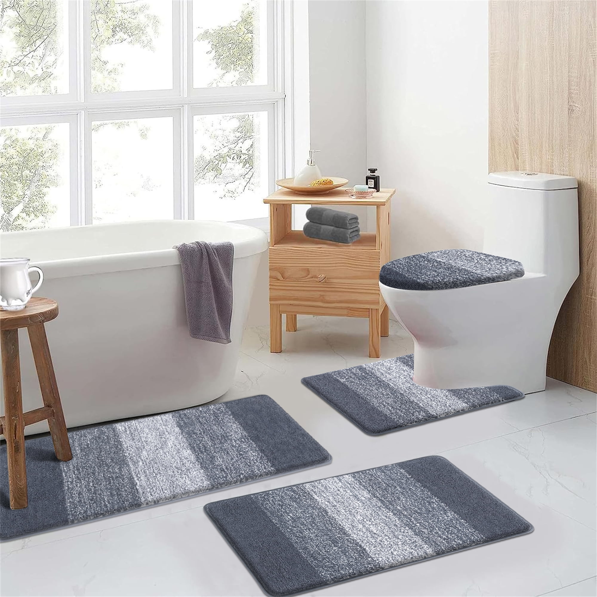 Ileading Traditional 4 Piece Microfiber Washable Bathroom Rug Set, Grey