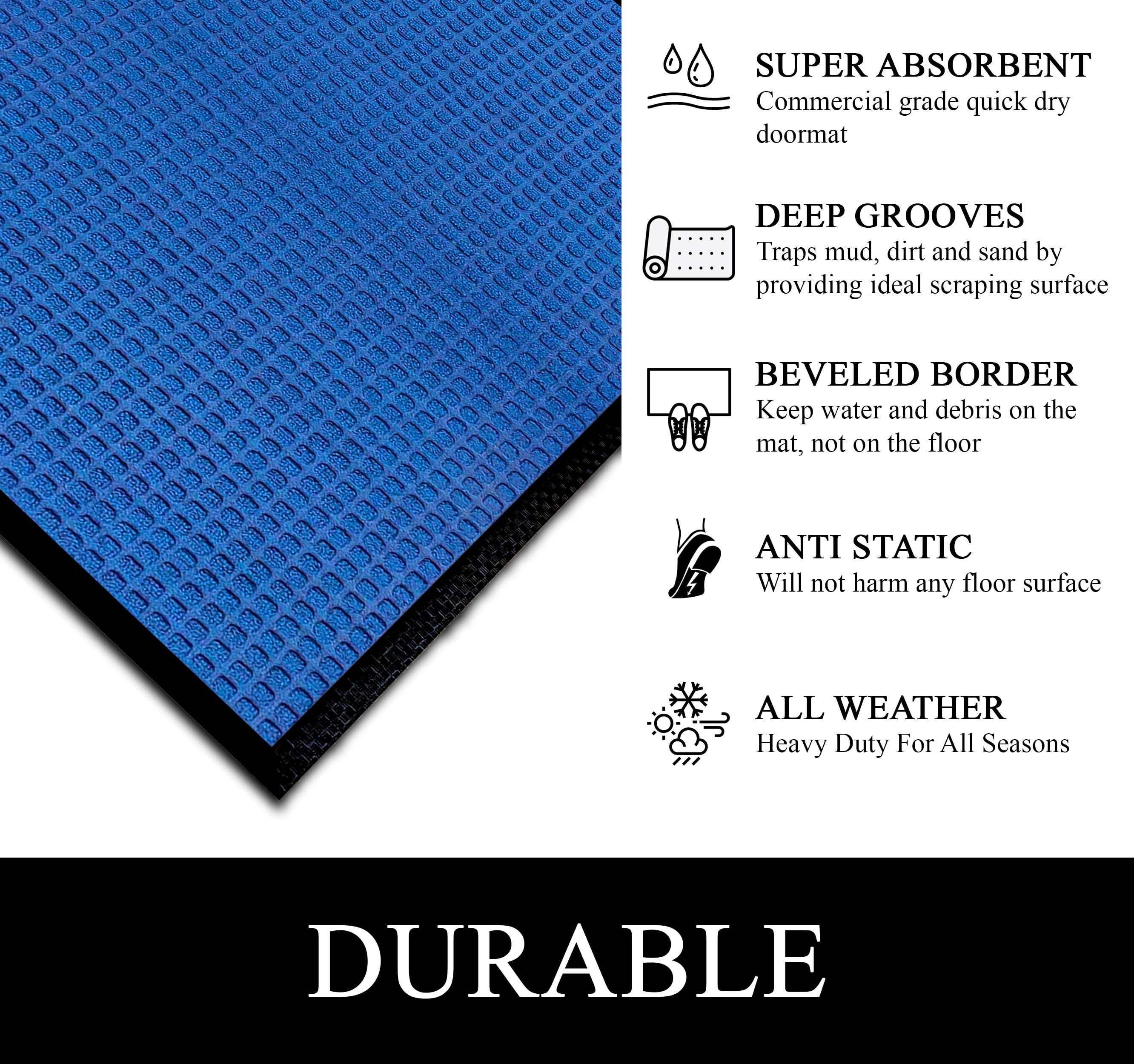 A1HC Indoor Outdoor Mat, Front and Back Entrance Welcome Mats, Front Door Patio Mats 32X48 Inches, Non-Slip Easy Clean Entrance Washable Large Size Doormat, Blue Waffle