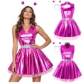thumbnail image 2 of iiniim Women Alien Cosplay Lapel V Neck Sleeveless A-line Hem Tulle Layers Metallic Dress with Hair Hoop for Role-playing Theme Party Stage Dance Rose 3XL, 2 of 7