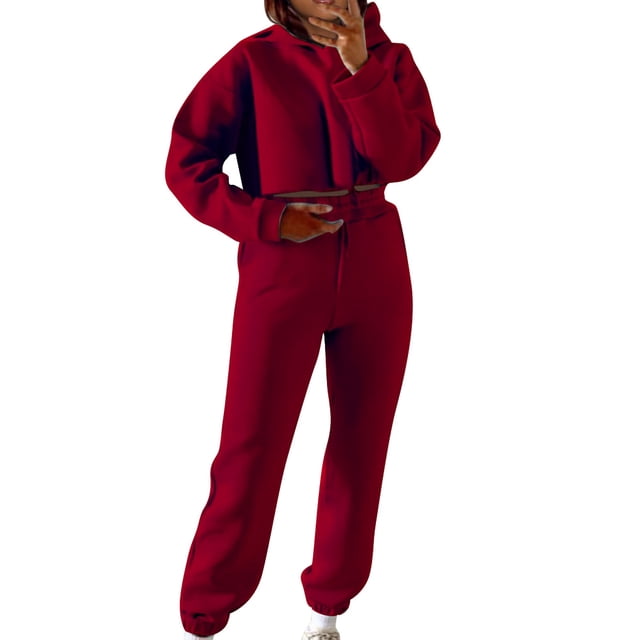 ICHUANYI Clearance Women's Casual Color Long Sleeved Hoodie Trousers Sweatershirt Sports Suit(Red, S) ICHUANYI WER2023081117839