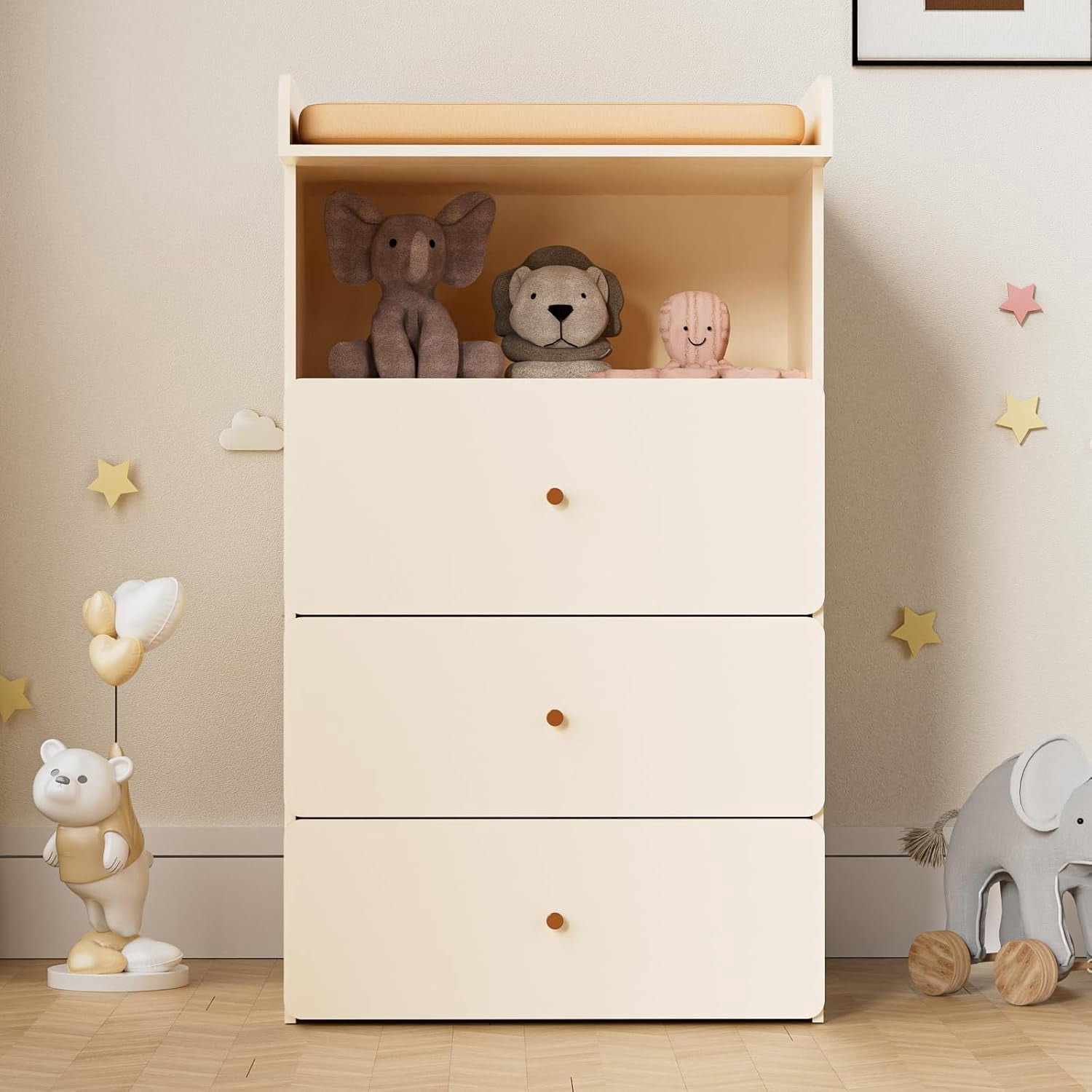 Baby Changing Table Dresser with Removable Nappy Tray, Lattice Cabinets - Cuoote 6 Drawer Nursery Dresser, Diaper Changing Station for Nursery, Living Room (Nude Pink)