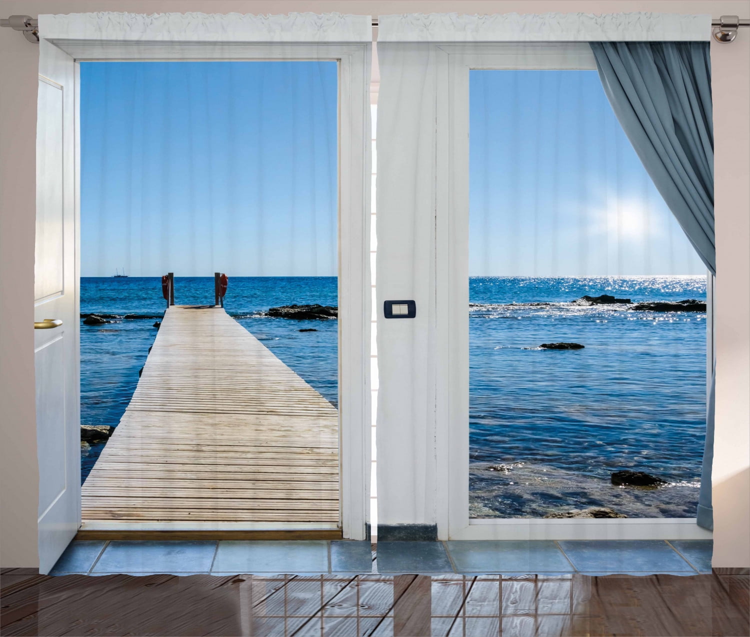 Ocean Beach Sea Ship 2 Panel Blockout 3D Window Curtain Drapes Living Room Decor 