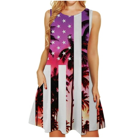 

Hvyesh Sundresses for Women 2023 Plus Size Boho Midi Dress Stars and Stripes Print Crew Neck Dresses Sleeveless Trendy Tunic Dress Hot Pink