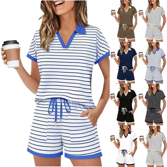 Zynoxe 2 Piece Sets for Women Fashion Collared V Neck Short Sleeve Top Shorts Suit Soft Breathable Women Suits with Pockets Versatile Contrast Color Beach Vacation Outfits S