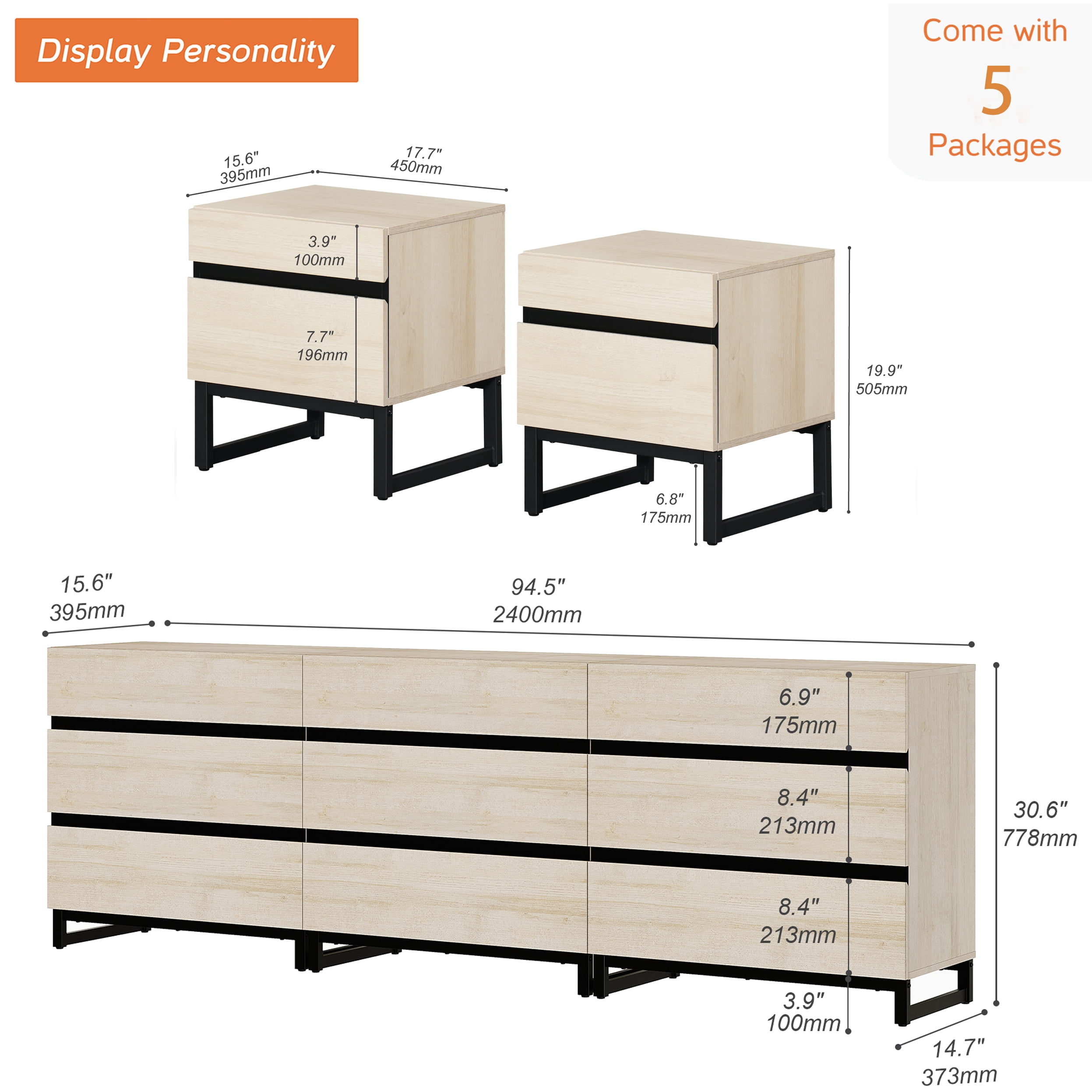 WAMPAT 3-Piece Bedroom Furniture Set, 94.5" Dresser & Chest with 6 Drawers, 2 Nightstands with 2 Drawers, Wooden Side Tables for Bedroom, Beige