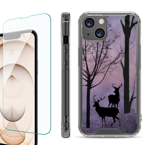 Shockproof Bumper Phone Case for iPhone 13, with Tempered Glass Screen Protector, by OneToughShield ® - Forest/Deer/Twilight