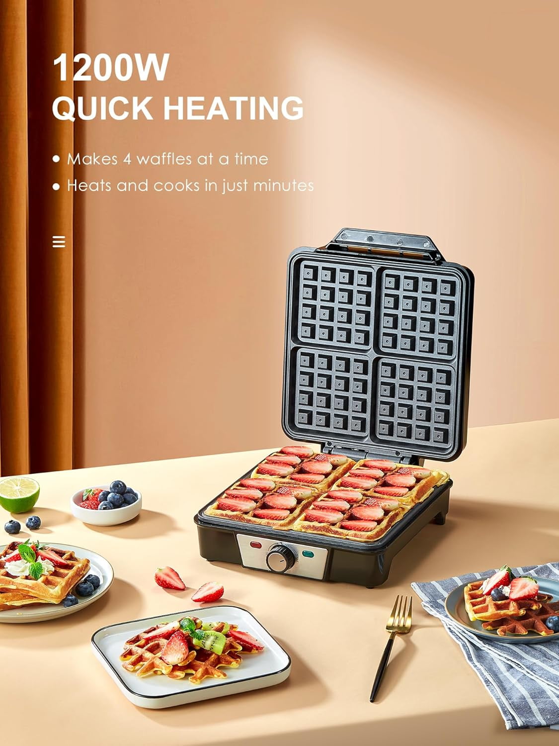 Reemix Belgian Waffle Maker, 4-Slice, 1200W Non-Stick Waffle Iron with Browning Control, Indicator Lights, Cool-Touch Handle, Silver/Black