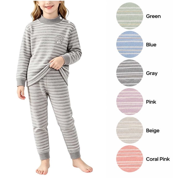 XRoczxe Kids Thermal Underwear Set, Boys Girls Striped Base Layer Pajamas, Soft Warm Long Sleeve Top & Pants for Winter Sleepwear