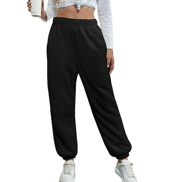 Women Casual Fuzzy Plush Pants Drawstring Waist Fleece Sport Jogger  Sweatpants