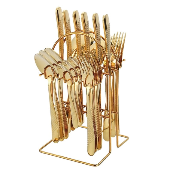 24 Piece Gold Silverware Set for 6, Gilded Mirror Polished Cutlery Utensils, Home Kitchen Tableware Including Forks Knives Spoons with Holder, Dishwasher Safe Flatware Set